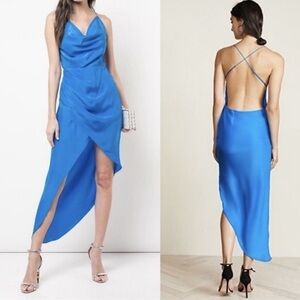 Haney- NWT Blue Silk Holly Draped Criss Cross Back Tulip High to Low Midi Dress